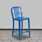 Flash Furniture Commercial Grade 24" High Blue Metal Indoor-Outdoor Counter Height Stool with Vertical Slat Back - 2 Pack-Screw Leveling Floor Glides