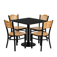 Flash Furniture 30'' Square Black Laminate Table Set with Round Base and 4 Wood Slat Back Metal Chairs, Natural Wood Seat-Black Powder Coated Chair and Table Frame