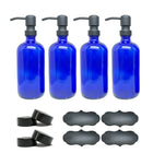 Wamaco 16oz Glass Bottle with Liquid Pump, Blue, 4 Pack-Use for essential oils, sanitizer and cleaning solutions