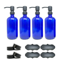 Wamaco 16oz Glass Bottle with Liquid Pump, Blue, 4 Pack-Use for essential oils, sanitizer and cleaning solutions