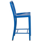 Flash Furniture Commercial Grade 24" High Blue Metal Indoor-Outdoor Counter Height Stool with Vertical Slat Back - 2 Pack-Curved Vertical Slat Back