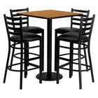 Flash Furniture 30'' Square Natural Laminate Table Set with Round Base and 4 Ladder Back Metal Bar Stools, Black Vinyl Seat-Black Powder Coated Chair and Table Frame