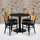 Flash Furniture 36" Round Black Laminate Table Set with 4 Wood Slat Back Metal Chairs - Black Vinyl Seat-Set Includes 4 Chairs, Round Table Top and Round Base