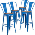 Flash Furniture - Tabouret de bar de 30 po haut en métal bleu avec dossier et siège en bois-Dossier courbé avec latte verticale