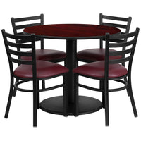 Flash Furniture 36" Round Mahogany Laminate Table Set with Round Base & 4 Ladder Back Metal Chairs - Burgundy Vinyl Seat-Table and Chair Set