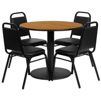 Flash Furniture 36" Round Natural Laminate Table Set with Round Base & 4 Black Trapezoidal Back Banquet Chairs-Table and Chair Set