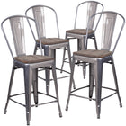 Flash Furniture 24" High Clear Coated Counter Height Stool with Back & Wood Seat - 4 Pack-500 lb. Weight Capacity