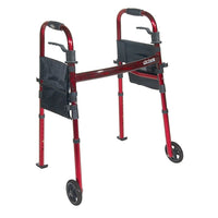 Drive Medical Portable Folding Travel Walker with 5" Wheels and Fold up Legs-Red, Aluminum