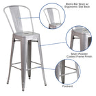 Flash Furniture Commercial Grade 30" High Silver Metal Indoor-Outdoor Barstool with Back-Footrest with Floor Protector Plastic Glides