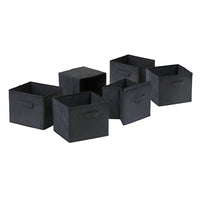 Winsome Capri Foldable Black Fabric Baskets, Black, 6 Pack-Set of 6 Foldable black fabric containers.  Use the large size as a magazine holder, file holder, art project holder.  The next 3 sizes are great for decorative storage and organization: washcloths in the bathroom, note pads at work, personal items in chest of drawers.  When not in use, they fold for easy storage.