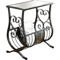 Monarch Specialties 3314 Accent Table - Satin Black Metal With Tempered Glass-This elegant magazine table is both stylish and multi-functional. It features an intricate weaved metal rack with curved bars  to hold your magazines and a tempered glass top where you can place your coffee cup as you read the latest novel. With its sturdy satin black metal base, this piece is one of a kind.