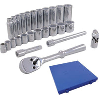 Gray Tools 26 Piece 3/8" Drive 12 Point SAE, Standard & Deep, Chrome Socket & Attachment Set-Contains: Standard 3/8", 7/16", 1/2", 9/16", 5/8", 11/16", 3/4", 13/16", 7/8", 15/16", 1" sockets, Deep 3/8", 7/16", 1/2", 9/16", 5/8", 11/16", 3/4", 13/16", 7/8", 15/16", 1" sockets, Reversible Ratchet, U-Joint and 3" & 6" Extensions.