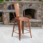 Flash Furniture Commercial Grade 24" High Copper Metal Indoor-Outdoor Counter Height Stool with Back-Floor Protector Rubber Glides
