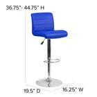 Tabouret de bar contemporain en vinyle bleu à hauteur réglable avec siège roulé et base en chrome-Le siège s'ajuste de la hauteur du comptoir à la hauteur de la barre