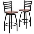 Flash Furniture Hercules Series Black Ladder Back Swivel Metal Bar Stool, Cherry Wood Seat, 2 Pack-Ladder Back Design