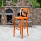 Flash Furniture Commercial Grade 30" High Orange Metal Indoor-Outdoor Barstool with Vertical Slat Back - 2 Pack-Screw Leveling Floor Glides