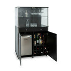 Can-Bramar Commercial Quality Mobile Bar, 44"L x 22'D x 65-1/4'H, Black-This is a versatile wine and cocktail bar for office or home. Easy care melamine laminate surface with durable aluminum frame construction. It comes with casters for easy mobility. 2 Easy slide drawers. 2 adjustable and removable shelves. 8 wine bottle cubbies. Hinged cabinet doors with lock. Bar top with magnetic locking glass doors, glass sides, and adjustable glass shelf. Wine glass rack. Casters included. Refrigerator and utensils s