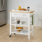 Trinity Chariot de cuisine blanc en bois à 2 tablettes et à tiroirs (TBFLWH-1404)-(1) dessus en bois d’hévéa massif de 76,20 cm / 30 po (L) x 45,72 cm / 18 po (P) x 2,54 cm / 1 po (H)