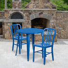 30'' Round Blue Metal Indoor-Outdoor Table Set with 2 Vertical Slat Back Chairs [CH-51090TH-2-18VRT-BL-GG]-30"W x 30"D x 29.50"H