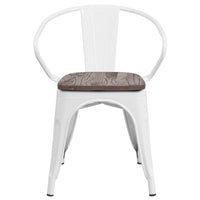 Flash Furniture Metal Chair with Wood Seat & Arms - White-Set of 4 Stackable Bistro Style Chairs