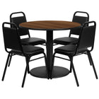 Flash Furniture 36" Round Walnut Laminate Table Set with Round Base & 4 Black Trapezoidal Back Banquet Chairs-Table and Chair Set
