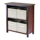 Winsome Verona 2-Section M Storage Shelf with 4 Foldable Beige Fabric Baskets, Antique Walnut-This storage shelf comes with 4 foldable beige fabric baskets.