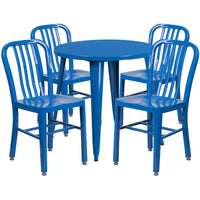 30'' Round Blue Metal Indoor-Outdoor Table Set with 4 Vertical Slat Back Chairs [CH-51090TH-4-18VRT-BL-GG]-Metal Cafe Table