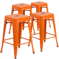 Flash Furniture Commercial Grade 24" High Backless Orange Metal Indoor-Outdoor Counter Height Stool with Square Seat-Set of 4 Stackable Industrial Style Modern Stools