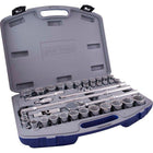 Gray Tools 38 Piece 1/2" Drive 12 Point, SAE & Metric, Socket & Attachment Set-Contains: 3/8", 7/16", 1/2", 9/16", 5/8", 11/16", 3/4", 13/16", 7/8", 15/16", 1", 1 1/8", 1 1/4", 10, 11, 12, 13, 14, 15, 16, 17, 18, 19, 20 , 21 22, 23, 24, 27, 30, 32mm sockets, Reversible Ratchet, 15" Flexible Handle, U-Joint and 2", 5" & 10" Extensions.