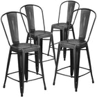 Flash Furniture Commercial Grade 24" High Distressed Black Metal Indoor-Outdoor Counter Height Stool with Back-Curved Back with Vertical Slat