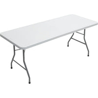 Staples Banquet Table with Folding Legs, 96", Light Grey-Non-porous surface resists stains and easily wipes clean with a damp cloth
