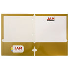 JAM Paper Glossy 2 Pocket 3 Hole Punched Folders, Gold, 50 Pack-Capacity: 200 sheets