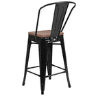 Flash Furniture 24" High Black Metal Counter Height Stool with Back & Wood Seat-Textured Walnut Elm Wood Seat