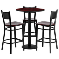 Flash Furniture 30'' Round Mahogany Laminate Table Set with Round Base and 3 Grid Back Metal Bar Stools, Mahogany Wood Seat-Black Powder Coated Chair and Table Frame