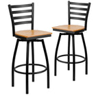 Flash Furniture Hercules Series Black Ladder Back Swivel Metal Bar Stool, Natural Wood Seat, 2 Pack-Ladder Back Design