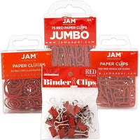 JAM Paper Office Clip Assortment Pack, Red, 1 Binder Clips 1 Paperclips 1 Circular Cloops, 4/set (26411REASRTD)-Assortment of Four Different Style Red Office Clips