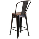 Flash Furniture 24" High Black-Antique Gold Metal Counter Height Stool with Back & Wood Seat-Textured Walnut Elm Wood Seat
