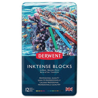 Derwent Inktense Blocks - Metal Tin - 12 Pack-Chunky block shape makes them extremely versatile; ideal for loose, expressive landscapes and vibrant still-life paintings