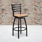Flash Furniture Hercules Series Black Ladder Back Swivel Metal Bar Stool, Natural Wood Seat, 2 Pack-Swivel Seat