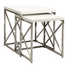 Monarch Specialties 3025 Nesting Table - Glossy White/Chrome Metal - 2 Pack-With its chic glossy white tops, this 2 piece nesting table set gives an exceptional look to any room. Its original  criss-cross chromed metal base provides sturdy support as well as a contemporary look. Use this multi- functional set as end tables, lamp tables, decorative display tables, or simply as accent pieces.