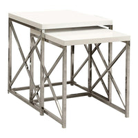 Monarch Specialties 3025 Nesting Table - Glossy White/Chrome Metal - 2 Pack-With its chic glossy white tops, this 2 piece nesting table set gives an exceptional look to any room. Its original  criss-cross chromed metal base provides sturdy support as well as a contemporary look. Use this multi- functional set as end tables, lamp tables, decorative display tables, or simply as accent pieces.