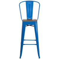 Flash Furniture - Tabouret de bar de 30 po haut en métal bleu avec dossier et siège en bois-Ensemble de 4 tabourets de bar de style bistro