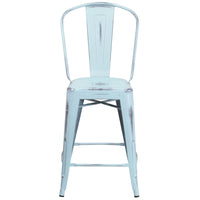 Flash Furniture Commercial Grade 24" High Distressed Green-Blue Metal Indoor-Outdoor Counter Height Stool with Back-Set of 4 Bistro Style Counter Stools
