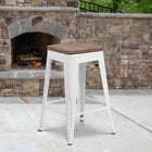 Flash Furniture 24" High Backless Metal Counter Height Stool with Square Wood Seat - White-Textured Walnut Elm Wood Seat