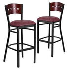 Flash Furniture HERCULES Black 4 Square Back Metal Restaurant Barstool - Mahogany Wood Back & Burgundy Vinyl Seat - 2 Pack-Mahogany Wood Designer Back - 4 Square Cutout