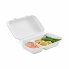 Globe Commercial Products - 9 po x 6 po x 3 po Conteneur de bagasse à couvercle à charniere en fibre - 2 compartiments -200 pack-Paquet de 200