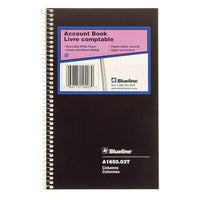 Blueline Account Book, 3 columns, 80 Pages, 8" x 5"-Spiral binding with flexible black cover