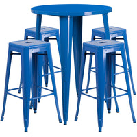 30'' Round Blue Metal Indoor-Outdoor Bar Table Set with 4 Square Seat Backless Barstools (CH-51090BH-4-30SQST-BL-GG)-Indoor Outdoor Sets