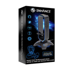 Enhance - Support pour casque de jeu  3 en 1 à DEL avec souris Bungee et concentrateur USB à 2 ports-Concept 3-en-1: Récupérer de l'espace de bureau et ajouter un éclairage à DEL avec un support à fil de souris, un support pour casque d'écoute et un concentrateur USB en un seul design pratique et élégant.