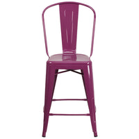 Flash Furniture 24" High Purple Metal Indoor-Outdoor Counter Height Stool with Back-Bistro Style Counter Stool
